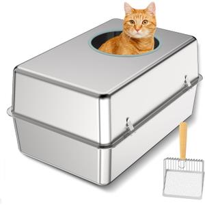 Stainless Steel Cat Litter Box with Lid, Odour Proof Litter Pan, Non-Stick, Easy to Clean, Rust Resistant, Non-Slip Rubber Feet