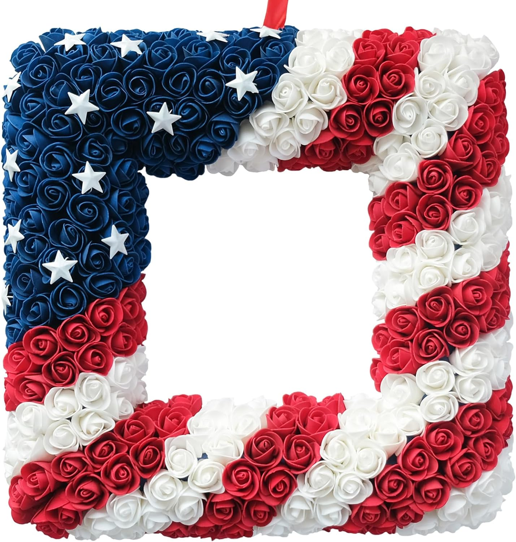 18 Inch Patriotic Red White Blue Large Square Shape Flower Wreath for Front Door, Forth of July American Flag Color Soft Touch Floral Wreath for Indoor and Outdoor, Independence Day Home Decor