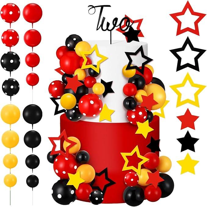 57 Pcs Black Red Yellow Ball Star Cake Topper Set Cartoon Cake Decorations with Flag DIY Insert Topper for One Two Years Happy Birthday Decorations Baby Shower Party Supplies(Happy Birthday)