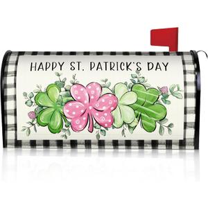 Bucherry St. Patrick's Day Magnetic Mailbox Cover Shamrock Clovers Magnetic Post Box Wrap Standard 21x18 in Waterproof Saint Patrick's Day Mailbox Cover Lucky Four Leaves Holiday Outdoor Decoration