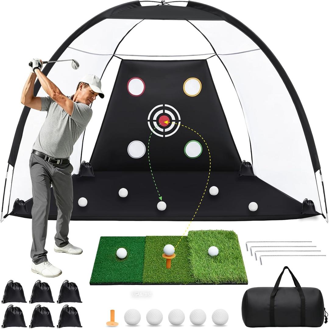 Golf Practice Net, 10 x 7ft 600D Golf Net for Backyard Driving & Chipping Training, Golf Hitting Aid Net with Mat, Target Cloth, 4 Tees, 5 Balls, Carry Bag, Ideal Gift for Men/Enthusiasts