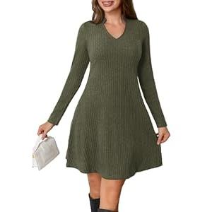 MarryUP Womens Long Sleeve Sweater Dress V Neck Casual Short Tunic Fall and Winter Dress Green XL