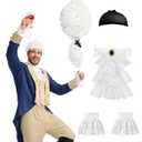 Founding Fathers Costume Colonial Style Judge Wig Lace Jabot and Cuffs Set, Perfect for Halloween, Cosplay, Party (White)