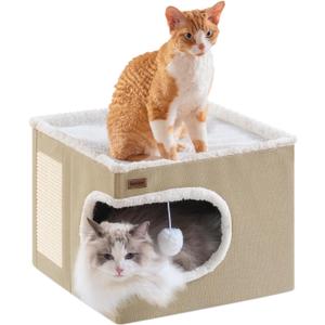 Cat Bed for Indoor Cats Cube House, Covered Cat Cave Beds & Furniture with Scratch Pad and Hideaway Tent, Cute Modern Cat Condo for Multi Small Pet Large Kitten Kitty, Khaki (16.5"D x 16.5"W x 13"H, khaki)