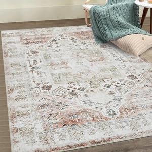 RUGSREAL Area Rug 9x12 Washable Floral Distressed Carpet Vintage Thin Non Slip Rug for Bedroom, Living Room, Dining Room, Taupe, 9' x 12'