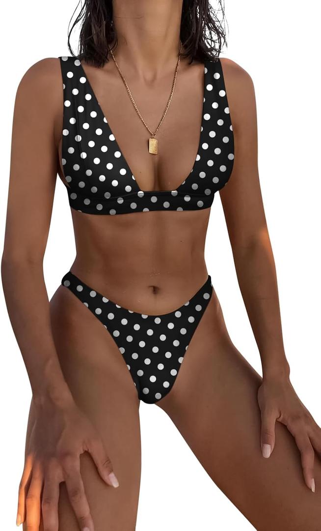 Bathing Suits for Women Deep V Neck Sexy Two Piece Bikini Sets for Women Thong Halter Cheeky Swimsuit (Small, Black-polka Dots)