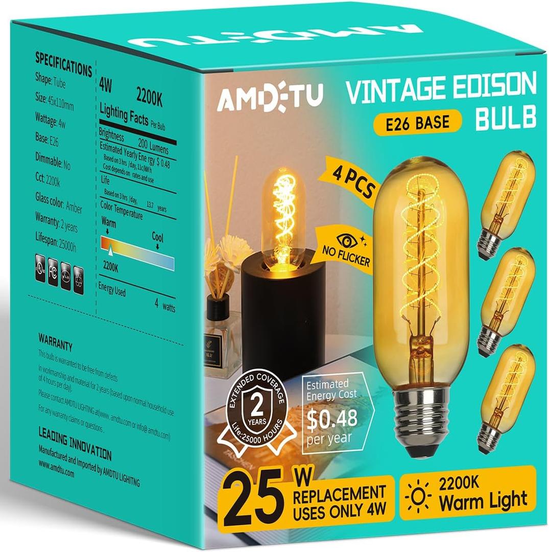 AMDTU LED Edison Vintage Light Bulbs 25 Watt Equivalent 4W E26 Base Amber Warm Yellow Filament Non Dimmable T45 Tubular Bulb Soft Warm 2200K 4 Pack 200 Lumens Ideal for Lamps, Pendants, Wall Sconces