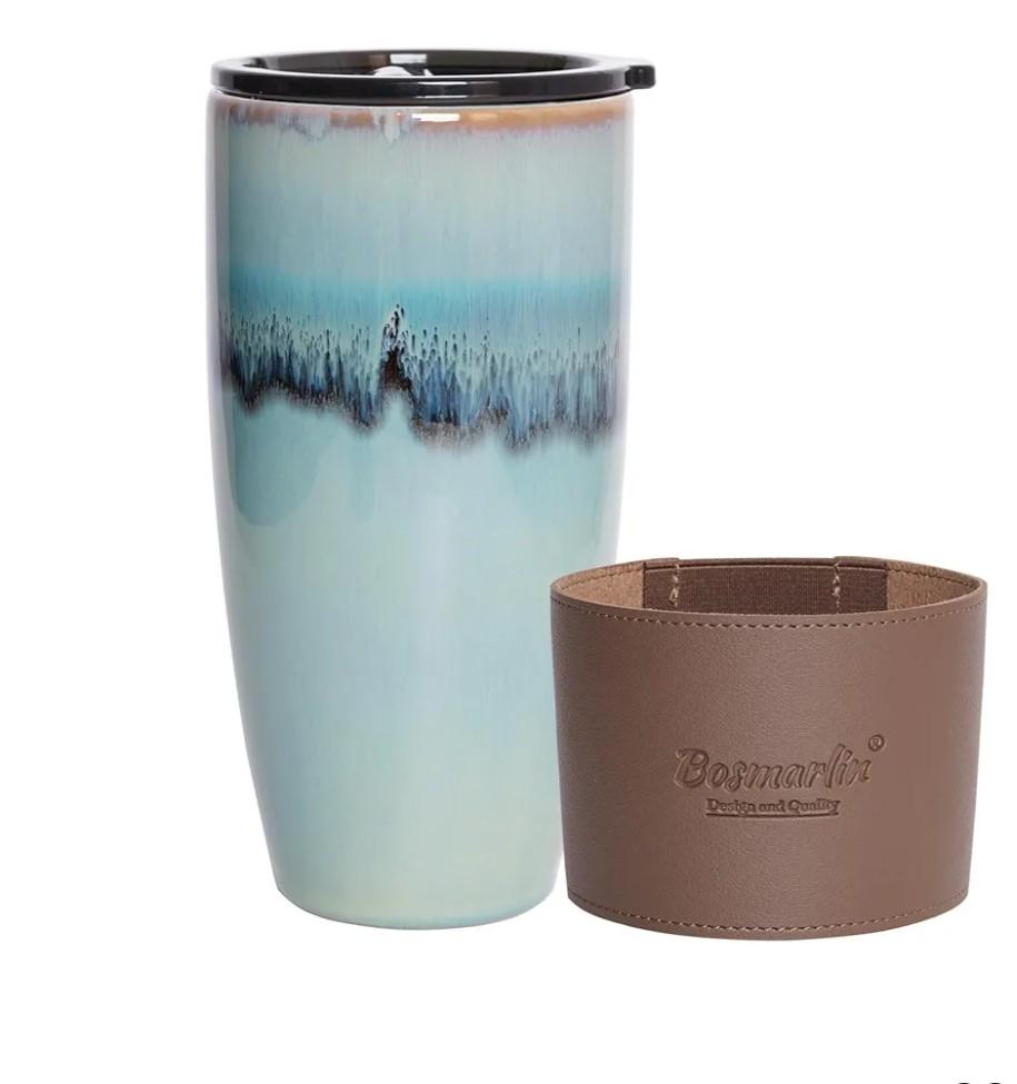 Bosmarlin Ceramic Trave Coffeel Mug with Lid, 21 oz, Portable Coffee Cup for Car Cup Holder, Microwave and Dishwasher Safe, Reactive Glaze Blue