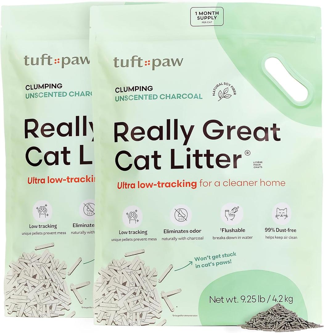 Tuft + Paw Really Great Cat Litter, Low Tracking Tofu Cat Litter, Clumping, Flushable, Odor Control, Dust-Free, Unscented - 9.25lbs x 2Bags