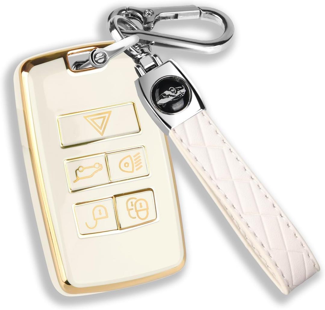 QBUC for Land Rover Key Fob Cover with KeyChain Soft TPU Gold Trim Key Case Full Protection Compatible with 2018-2026 Land Rover Range Rover Evoque Sport Vogue Discovery 5 Jaguar E I-PACE (white)