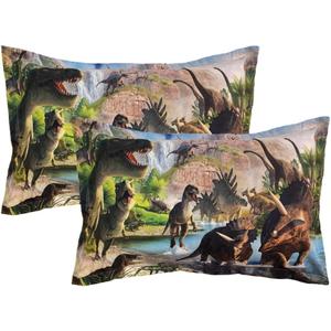 ADASMILE A & S 2 Pieces Kids Pillow Cases Dinosaur Pillowcases for Boys Teens Dino Printed Standard Pillow Shams with Envelope Closure, Soft & Breathable 20"x30" (Green)