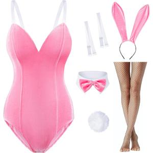 Women Velvet Bunny Costume Bunny Girl Suit Costume Senpai Cosplay One Piece Bodysuit Stockings Set (X-Small, Pink)