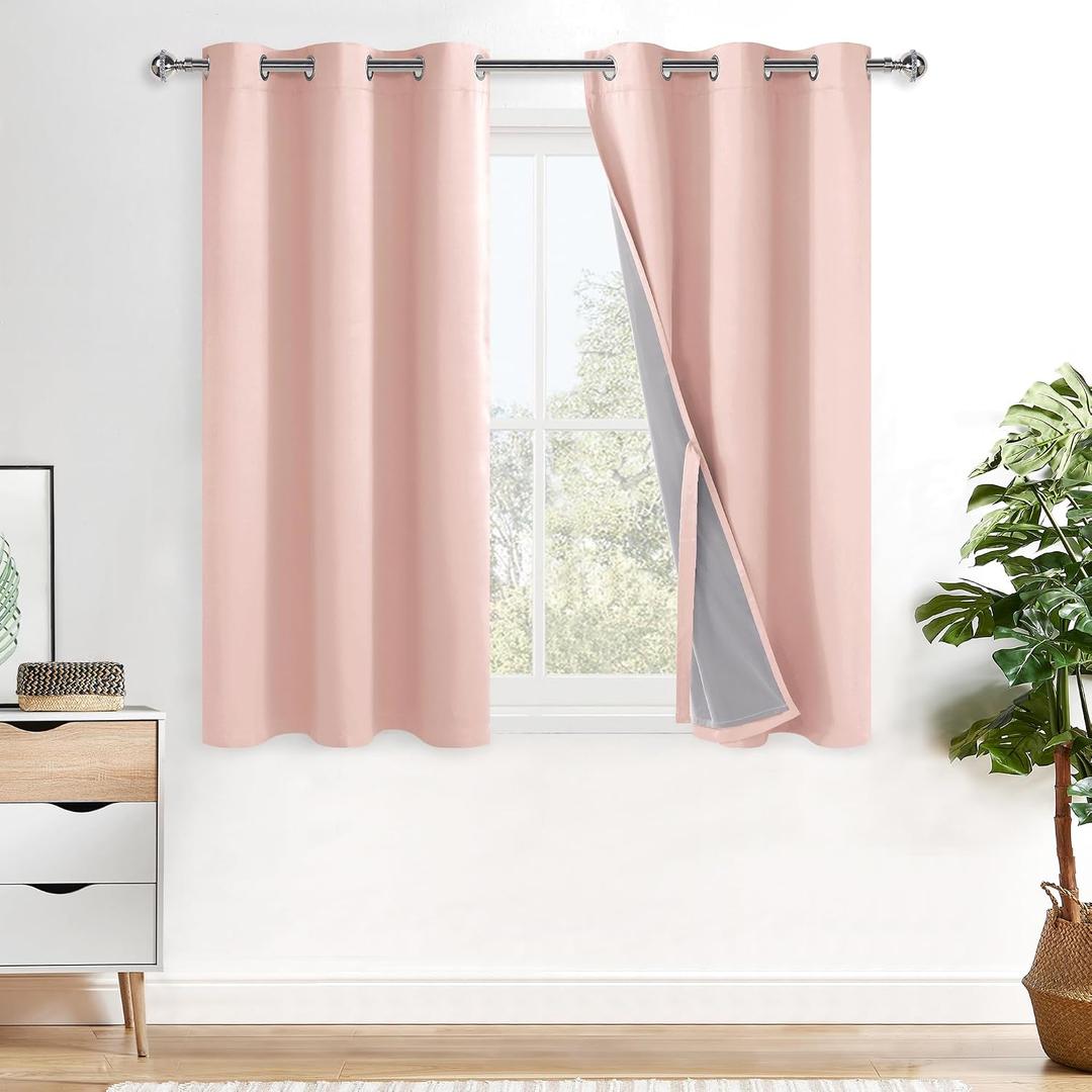 XWZO 100% Blackout Curtains 2 Panels with Tiebacks- Heat and Full Light Blocking Window Treatment with Black Liner for Girl's Room/Nursery, Grommet, Blush Pink, W42 x L45 Inches Long, Set of 2