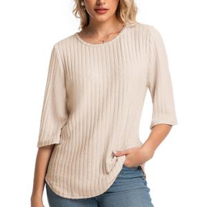 Women Fall Sweaters 3/4 Sleeve Loose Fit Tunic Tops Crewneck Dressy Casual Oversized Business Blouses 2026 (Beige, M)