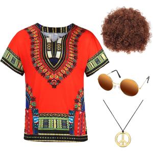 Ultrafun Hippie Costume for Men 60s 70s Hippie Outfits Afro T-Shirt Wig Accessories Set for Theme Parties (XX-Large)