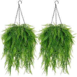 Fake Hanging Plant Outdoor Artificial Boston Fern Hanging Baskets 2 Set Fake Ferns Hanging Plants Artificial Decor 23.6" Artificial Hanging Ferns for Outdoors Front Porch Patio Garden Home