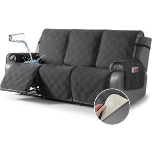 TAOCOCO 100% Waterproof Recliner Sofa Cover, Non Slip Split Couch Covers for Reclining Couches with Elastic Straps, Reclining Sofa Cover Furniture Protector for Kids Pets(3 Seater, Charcoal Gray)
