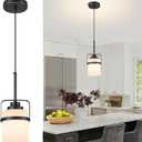 Modern Black Pendant Lights Kitchen Island Light, Adjustable Hanging Light Fixture with Milk Glass Shade, Farmhouse Pendant Light for Dining Room Bar Over Sink/Table/Counter, 1 Pack