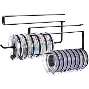 2 Pack Tumbler Lid Organizer, Horizontal Tumbler Lid Storage Hook Up to 20 Lids, Space Saving Cup Lid Holder Under Cabinet Tumbler Lid Hook for Kitchen Organizer, Paper Towel Hanger(Round&Flat, Black)