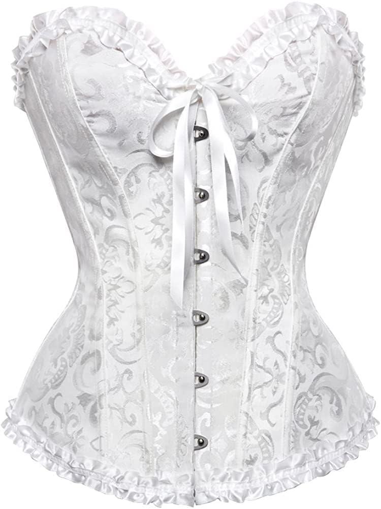 HNGHOU Women's Plus Size Corset Bustier Lace Up Overbust Bustier Lingerie Bodyshaper Tops (White, S)