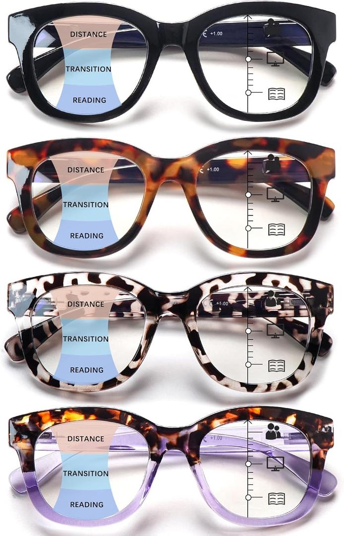 Oprah Style Progressive Multifocus Reading Glasses for Women,Blue Light Blocking Computer Readers with Spring Hinge (4 Pack Mix 3)