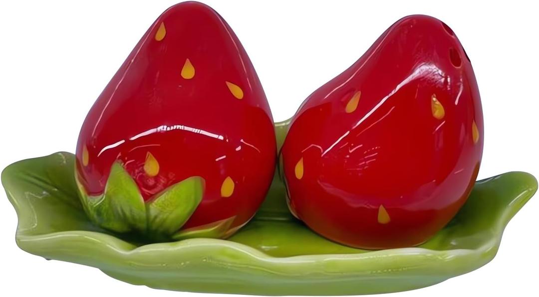 Ceramic Fruit Salt and Pepper Shakers, Set of 2 | Spice Dispenser Storage Canisters-Mini Strawberry
