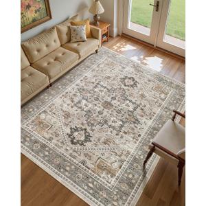 9x12 Vintage Area Rug: Washable Neutral Soft Non Slip Thin Large Floor Carpet for Living Room Bedroom Kitchen Dining Room Home Office Farmhouse Indoor - Taupe