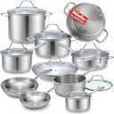 Mueller Pots and Pans Set 17-Piece, Ultra-Clad Pro Stainless Steel Cookware Set, Ergonomic EverCool Handle, Induction Cookware, Includes Saucepans, Skillets, Dutch Oven, Stockpot, Steamer For Cooking