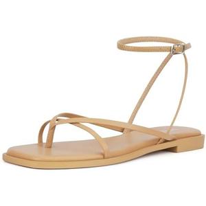 DIFEMA Womens Flats Sandals Square Toe Strappy Ankle Strap Flats, Size 7, Nude