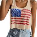Women's 4th of July Outfits USA Shirt Patriotic Tank American Flag Crop Top (Beige)