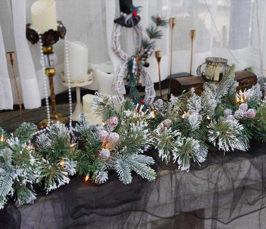 Pre-Lit Artificial Christmas Garland, Snowy Garland, White Lights 50, Decorated with Pine Cones, Berry Clusters,Pine Needle,Plug in, Christmas Decorations, 6 Feet