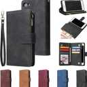 UEEBAI Wallet Case for iPhone 7/8/SE 2022 5G/SE 2020, Premium PU Leather Magnetic Handbag Zipper Case Kickstand Card Slots Wrist Strap Flip Cover for iPhone SE3/SE2 - Black