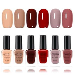 GELLEN Nail Polish Set Nude Red Brown Fall Winter, No Lamp Needed,HEMA Free | Toxin Free, Quick Air Dry, Not Gel Polish, 6 Colors Traditional Regular Polish for Finger Toe & Acrylic Fake Nails Home Salon