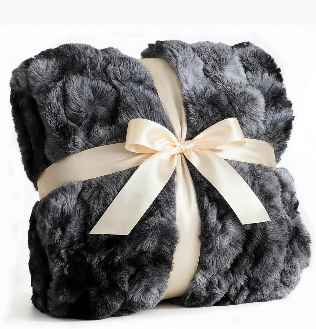 Fluffy Throw Bubble Blanket Queen Size - Faux Fur Throw for Couch or Bed - Plush Soft Extra Thick Faux Fur Rabbit Blanket - Warm & Breathable - Luxury Minky Tie Dye Bedding - 90" x 90", Marble Black