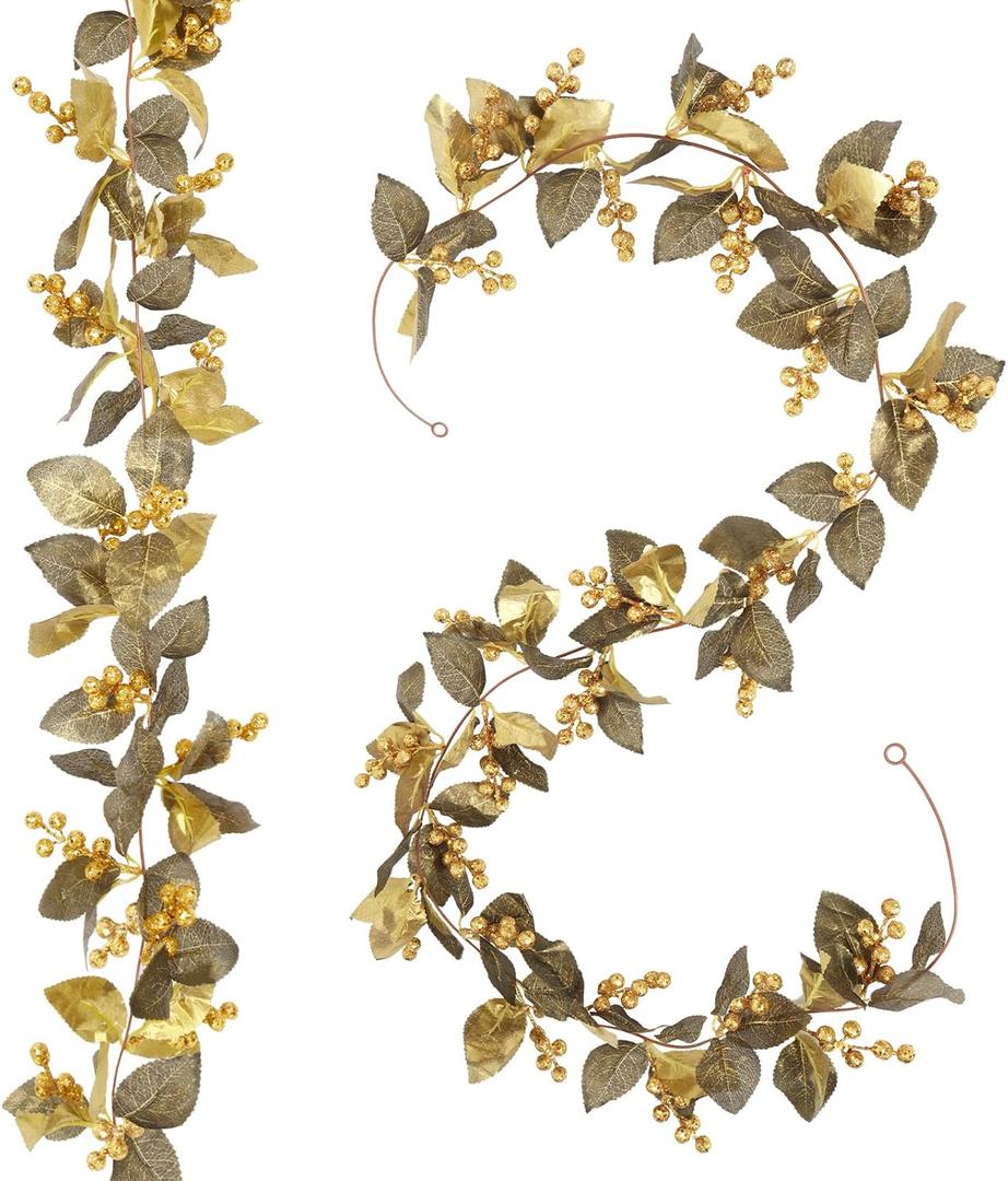 RECUTMS Gold Berry Christmas Garlands 6.6FT-2Pack Artificial Berries Holly Leaves Vines Hanging Christmas Rattan for Indoor Outdoor Xmas Tree Party Home Garden Door Window Mantle New Year Decor