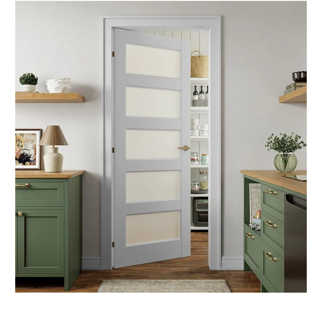 SMARTSTANDARD 5-Panel Frosted Glass Interior Door Slab, Slab Door for Pantry Pocket Laundry Bathroom French, Solid Core Pre-Assembled Panel Without Hardware, White