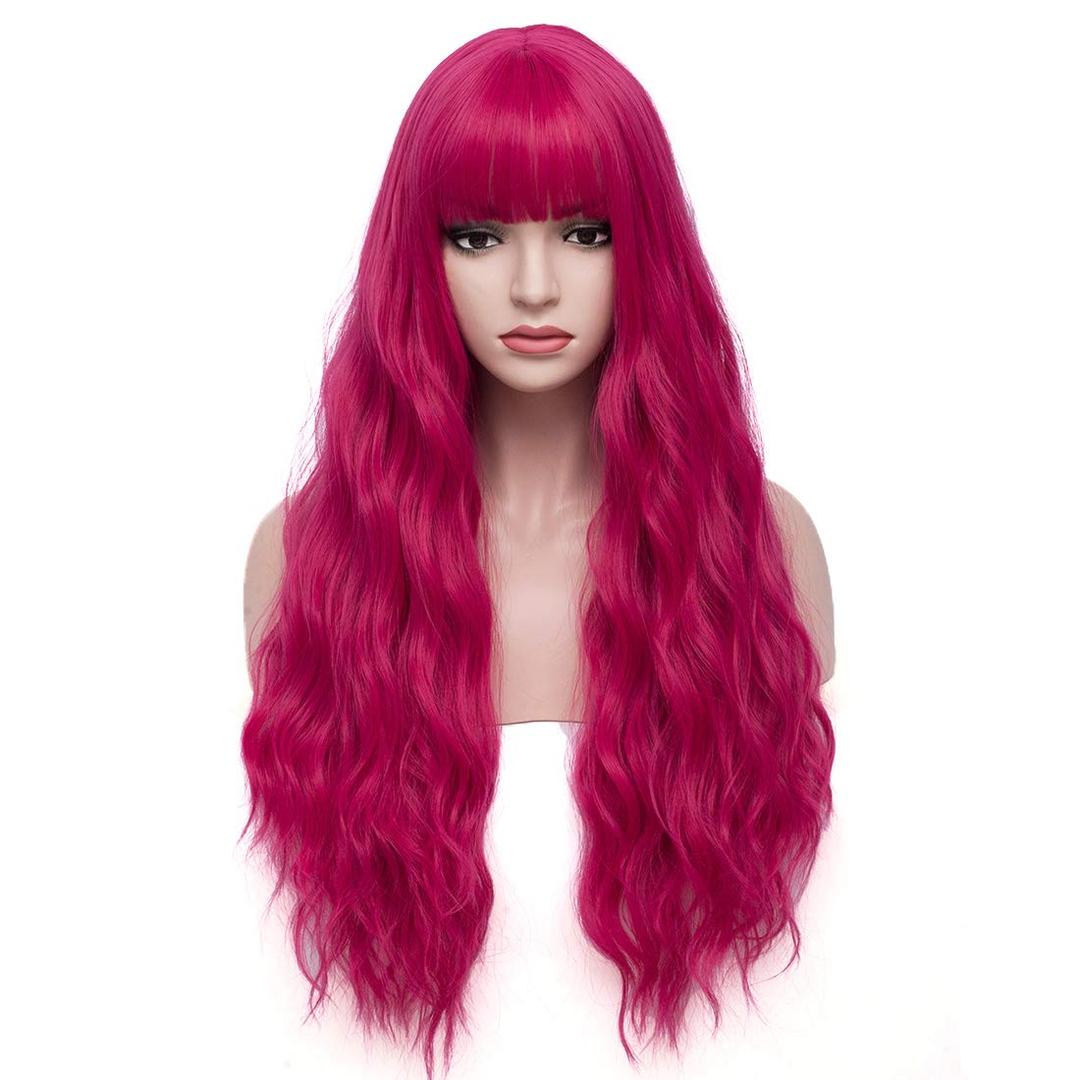 BERON 27 Inches Dark Pink Wig with Bangs Hot Pink Wig for Women Fluffy Wavy Heat Resistant Synthetic Wig (Hot Pink)