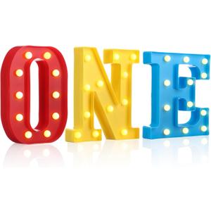 Cartoon One Letter LED Lights, Toy Inspire 8.9 Inch Battery Powered LED Marquee Letters Lights Sign for 1 Year Old First Birthday Party Supplies Table Centerpieces Photo Prop Decor (Rainbow)