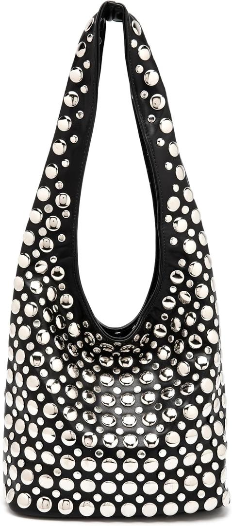 Stylish Studded Hobo Bag Y2K Rivets Bucket Purse for Women Trendy Small Shoulder Tote Handbag (Black)
