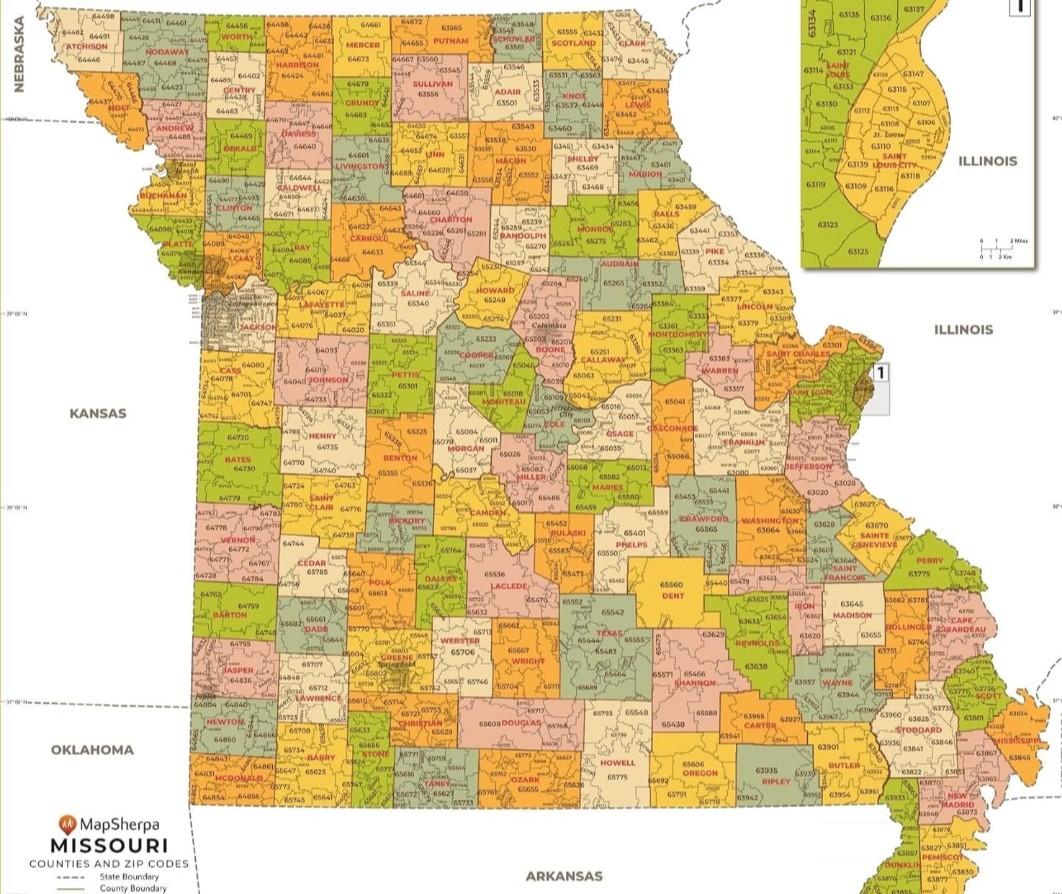 Missouri ZIP Code Map with Counties - Standard - 36 x 36 inch Poster - Front Lamination