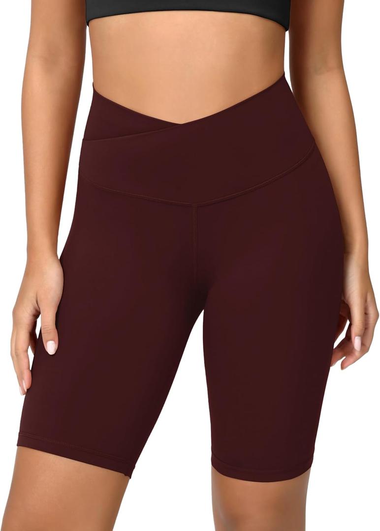 ODODOS Women's Crossover Yoga Shorts with Back Pocket, 8" Buttery Soft V High Waist Lounge Biker Shorts, Burgundy, Small (S)
