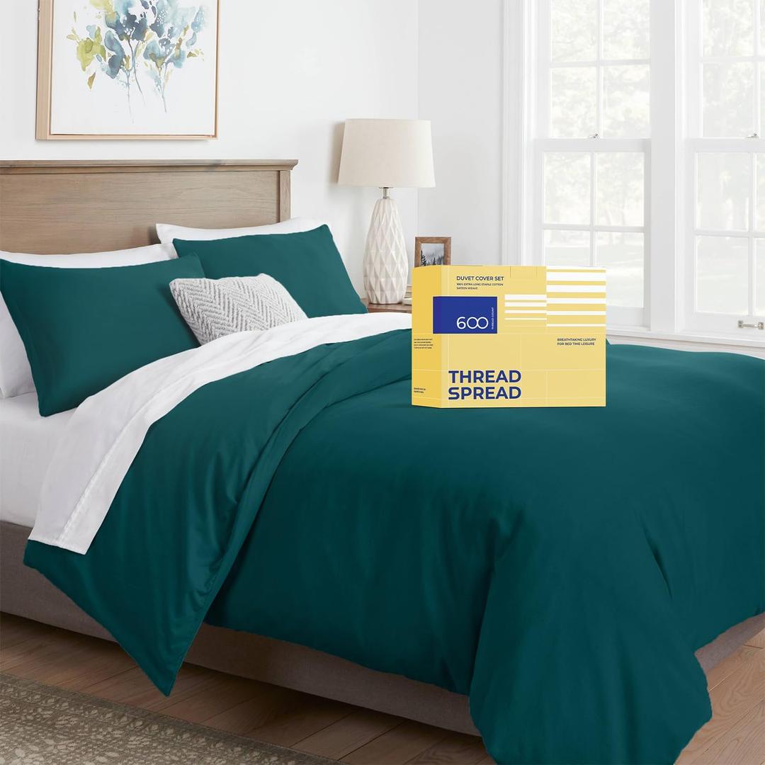 THREAD SPREAD Oversized King Duvet Cover, 600 Thread Count Sateen 3Pc Egyptian Cotton Duvet Cover Set, 100% Pure Cotton Comforter Cover, 2 Pillow Shams, Zipper Closure, 7 Corner Ties - (Teal)