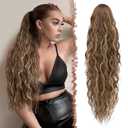 FESHFEN Ponytail Extensions - 26 inch Drawstring Long Curly Wavy Clip in Ponytails Synthetic Hair Piece Pony Tail Hairpieces for Women, Honey Blonde Mixed Light Brown