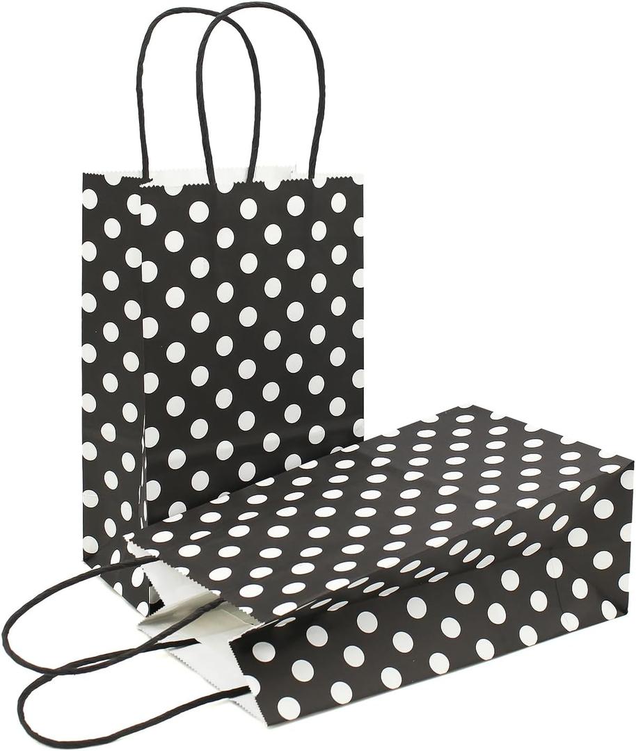 AZOWA Medium Polka Dot Gift Bags Kraft Paper Bags with Handles for Birthday Parties, Baby Shower, and Wedding (9.8 x 7.5 x 3.9 in, Black, 25 Pcs)