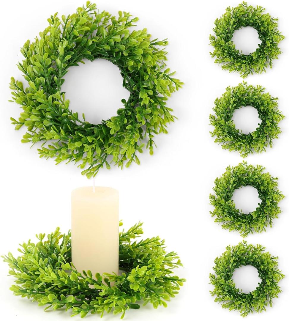 6 Pcs Artificial Boxwood Candle Rings Wreaths Mini Green Kitchen Cabinet Wreath Table Centerpieces Spring Summer Wreaths for Front Door Porch Outside All Season Farmhouse Wedding Party Decor