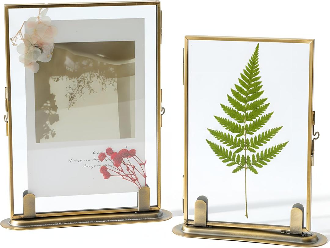 2 Pack Brass Floating Frame Vintage Gold Tabletop Frames for Picture 5 x 7 and 4 x 6, Double Glass Pressed Flower Frame Decor for Wedding Home Office