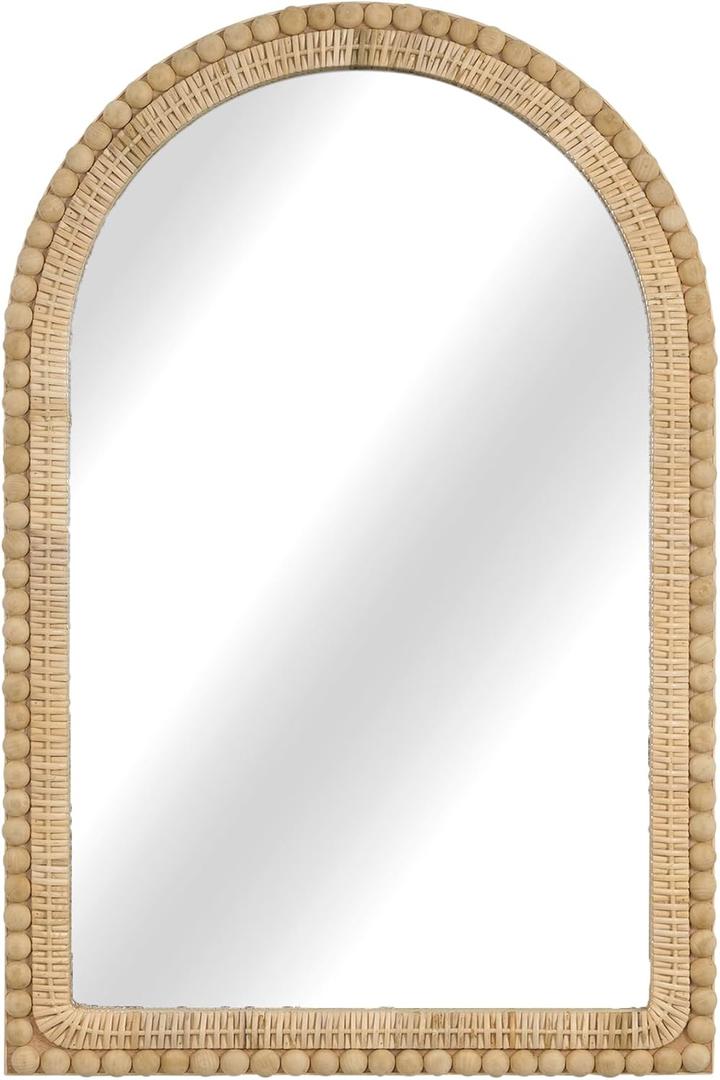 Arched Rattan Wall Mirror  24x36 Inch Boho Elegance with Woven Frame and Wooden Bead Trim, Decorative Mirror for Bathroom Vanity Entryway Living Room