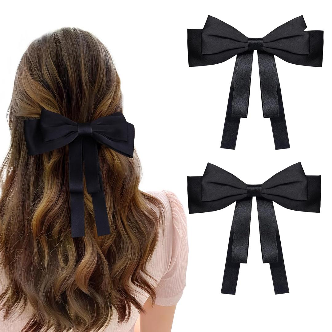 2 PCS Hair Bows for Women Silky Satin Hair Clips Black Large Bows Metal Clips Hair Bows for Women & Girls Hair Accessories Aesthetic Ponytail Holder