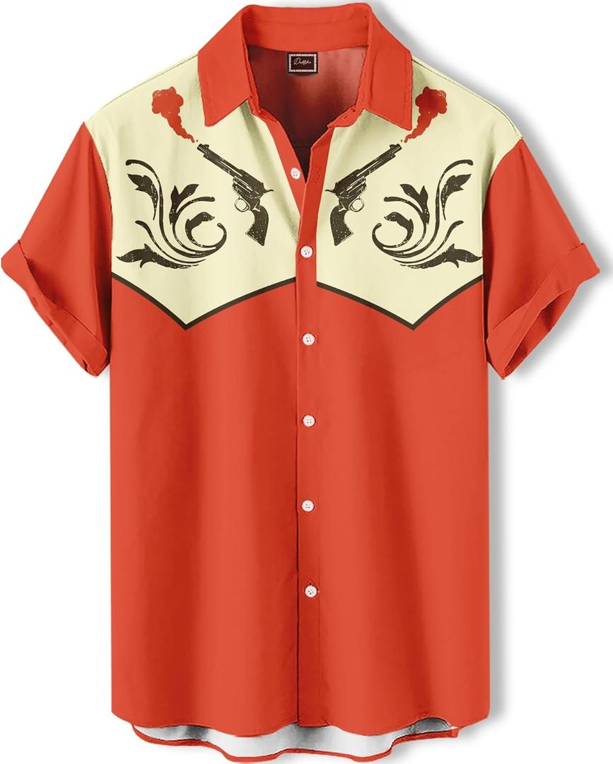 Western Cowboy Cat Shirt, Blue and Black, Short Sleeve, Button Down, Novelty Print Design (3X-Large, Smoke Revolver)