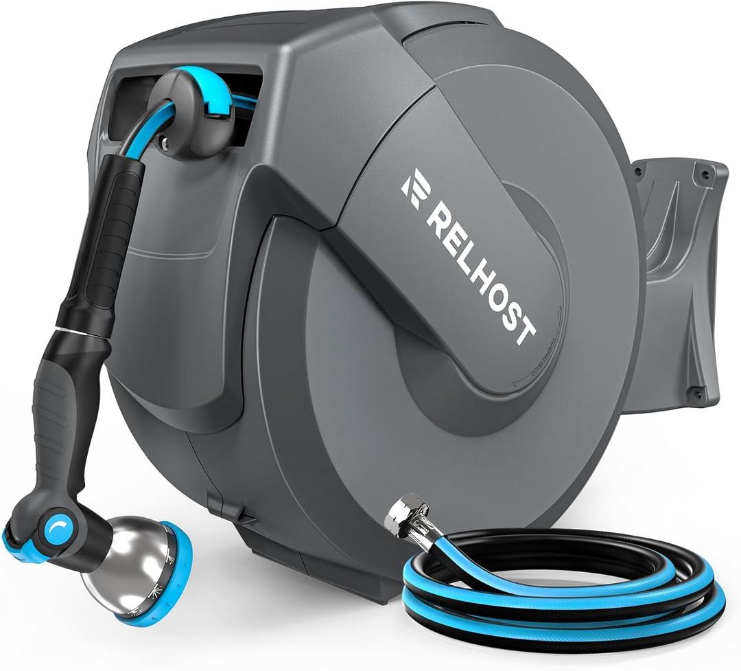 Relhost Retractable Garden Hose Reel, 5/8 in x 100 ft Wall Mount Heavy Duty Hose Reel with Any-Length Lock, Auto Rewind System, 180° Swivel Bracket, and 10-Pattern Nozzle for Garden, Dark Grey